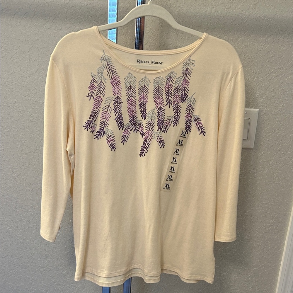 Rebecca Malone Cream Long Sleeve Top with Purple Leaf Motif